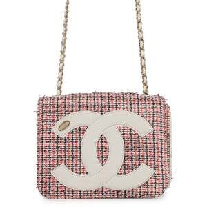 CHANEL Chain Shoulder Bag with Deka Coco Mark, Full Flap, Tweed/Leather, White